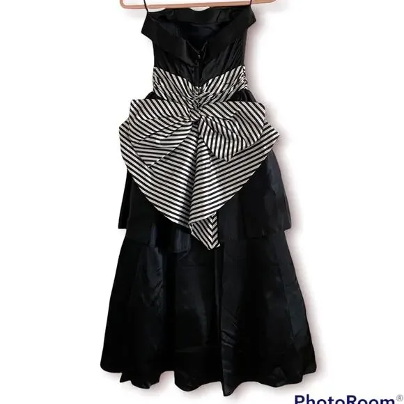 Vintage 1980s Gunne Sax formal prom dress strapless black white bow 3 - Picture 2 of 11